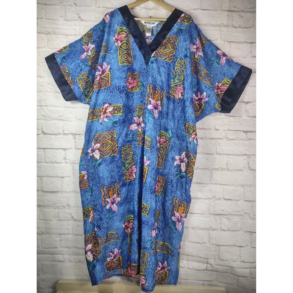 Winlar Vintage Kaftan Floral Maxi Dress Womens One Size MuuMuu Short Sleeves